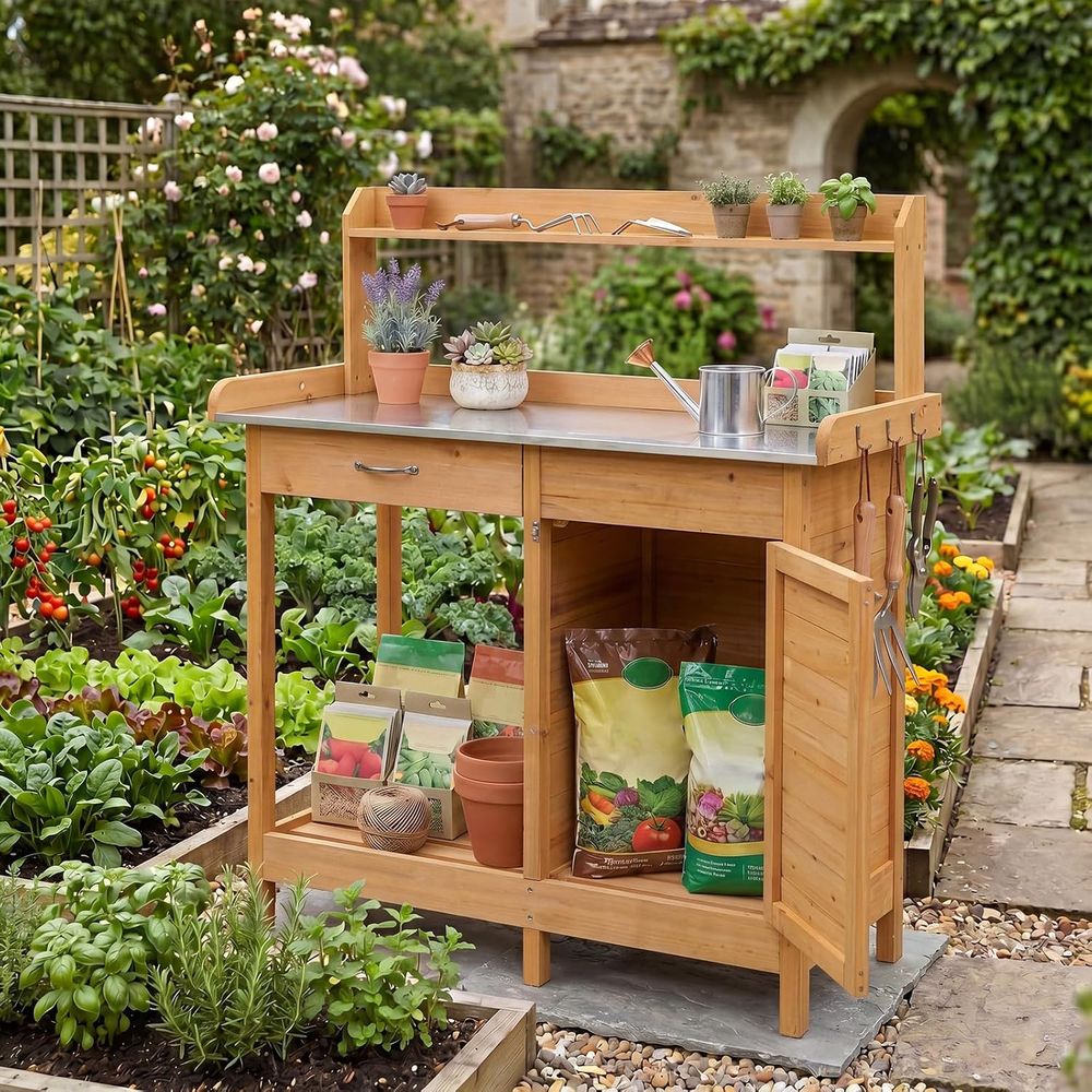 Outdoor Potting Bench Table Wo - đánh giá và giá Garden Bench Metal